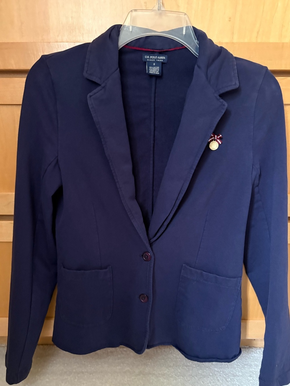 US POLO ASSN Women's Navy Tailored Jersey/Knit Blazer with Lapel Pin Size S